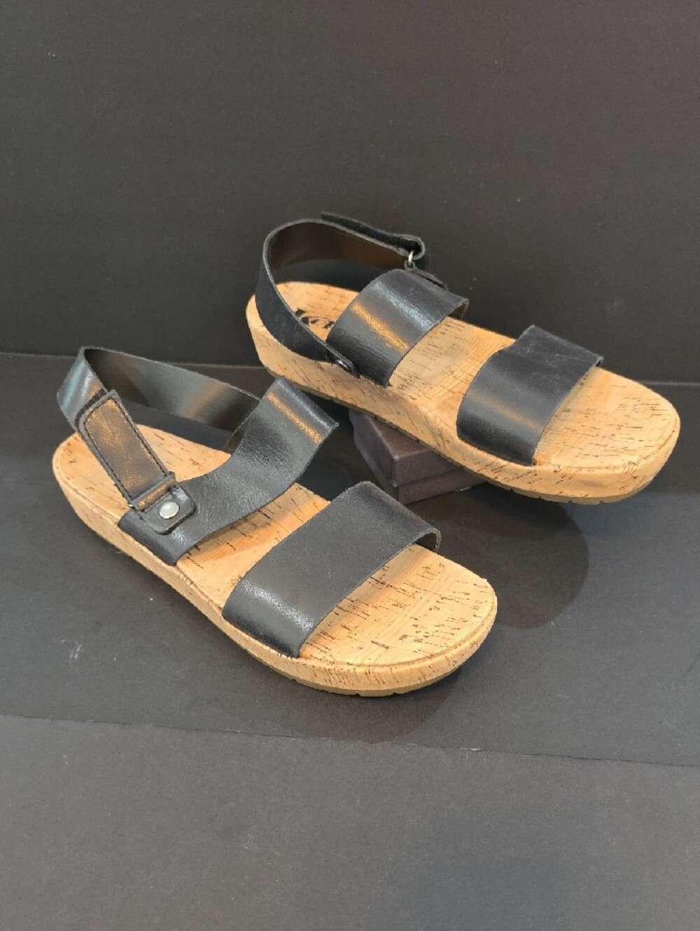 Kork-Ease Black Leather Double-Strap Cork Sandals Size 9